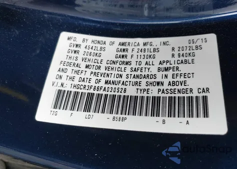 2015 Honda Accord Ex-L V-6 from USA, damaged, VIN 1HGCR3F86FA030528